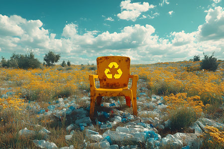A striking scene features a solitary yellow chair with a recycle symbol, placed amidst a field of wildflowers and discarded plastic bottles. the vivid blue sky and clouds highlight environmental concerns. Generative AIの素材