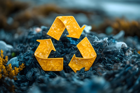 A prominent yellow recycling symbol is superimposed on ocean debris, the importance of recycling in environmental conservation. the scene emphasizes the need for sustainable practices to protect marine ecosystems. Generative AIの素材