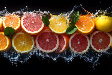 Slices of grapefruit, orange, and lemon majestically float with splashing water droplets on a black background. green leaves add a fresh contrast, enhancing the vibrant colors of the citrus fruits captured in a dynamic cascade. Generative AIの素材