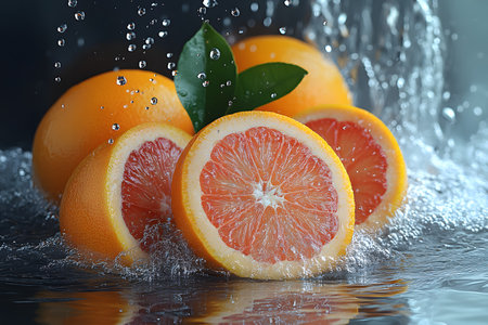 Juicy oranges captured in mid-splash, freshness and vitality. water droplets and lush green leaves create a dynamic and invigorating scene, ideal for promoting health or refreshing beverage concepts. Generative AIの素材