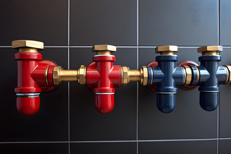 Industrial-grade red and blue valves aligned on a sleek tiled wall, showcasing robust plumbing infrastructure. brass fittings and a glossy finish emphasize durability and modern engineering design suitable for industrial environments. Generative AIの素材