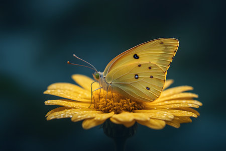 A close-up of a vibrant yellow butterfly perched on a dewy flower, showcasing the intricate details of its wings. the soft focus and rich colors emphasize nature's delicate beauty, ideal for spring themes or nature-inspired designs. Generative AIの素材
