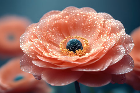 Dew droplets rest on the delicate peach petals of a fully bloomed ranunculus flower, set against a softly blurred background. the intricate petal layers and vibrant central disk create a striking focal point for floral-themed projects. Generative AIの素材