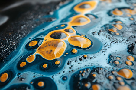 Close-up view of abstract fluid art showcasing dynamic interactions between vivid yellow and deep blue hues. the intricate patterns formed by the colors create a sense of movement and depth, suitable for contemporary digital backgrounds or home decor. Generative AIの素材