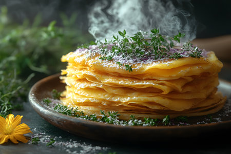 A steaming stack of delicate crepes garnished with fresh herbs and edible flowers on a rustic plate. the backdrop features a soft focus of green leaves, enhancing the culinary elegance and sophisticated presentation. Generative AIの素材