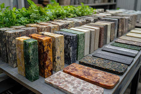 A diverse collection of stone samples, ranging from marble to granite, arranged in rows on a table. each piece showcases unique patterns and colors, providing inspiration for interior design projects. green foliage adds a natural touch. Generative AIの素材