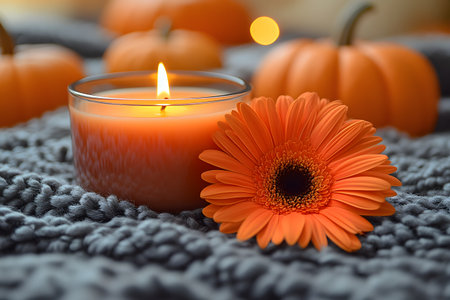 Warm and inviting autumn scene featuring a flickering candle and vibrant pumpkins on a textured knitted blanket. a bright orange gerbera flower adds a touch of floral charm, perfect for seasonal decoration themes. Generative AIの素材