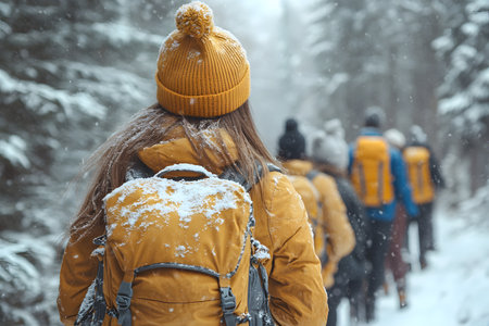 A group of hikers, dressed in warm winter attire, trek through a snow-covered forest. the scene essence of adventure and camaraderie, with backpacks and hats adding vibrant color against the muted winter landscape. Generative AIの素材