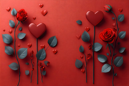 A vibrant, romantic design featuring red roses and heart-shaped balloons on a red background. ideal for valentine's day themes, this composition includes scattered small hearts and dark green leaves, creating a visually striking and elegant look. Generative AIの素材