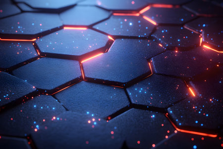 A captivating futuristic design featuring a hexagonal pattern, highlighted by glowing lines and scattered digital sparks, creating a dynamic and modern tech-inspired visual ideal for design and branding. Generative AIの素材
