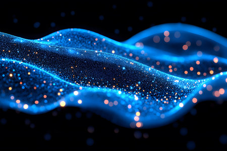 Abstract digital art featuring a fluid wave form in glowing blue hues with scattered luminescent particles. this vibrant composition is ideal for use in digital design, visual effects, and technological presentations. Generative AIの素材