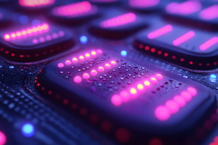 Futuristic circuit board design featuring vibrant pink and blue led lights. water droplets add a realistic texture, enhancing the sci-fi aesthetic. ideal for digital art, technology websites, and innovation-focused projects. Generative AIの素材