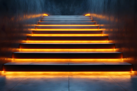 A staircase with sleek, modern design featuring vibrant neon lighting that illuminates each step. the interplay of dark walls and bright orange light creates a futuristic and dramatic atmosphere, ideal for contemporary interior design inspiration. Generative AIの素材