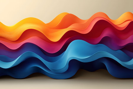 A dynamic abstract composition featuring undulating waves in vibrant shades of orange, red, pink, and blue. this modern design is ideal for use in creative projects, backgrounds, and artistic displays, fluid motion and bold color. Generative AIの素材