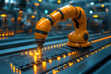 A robotic arm intricately assembles circuit boards in a high-tech industrial environment. the scene highlights automation, precision engineering, and modern manufacturing processes in a futuristic factory. Generative AIの素材