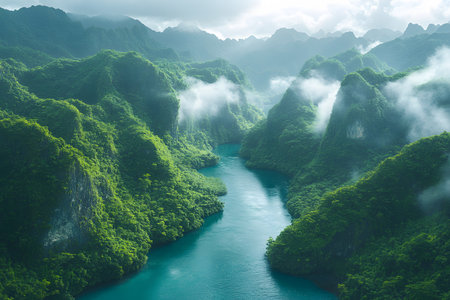 Lush green mountains shrouded in soft mist, with a winding river reflecting the tranquil beauty of a tropical paradise. the serene setting evokes a sense of peace and untouched nature, perfect for travel and adventure themes. Generative AIの素材