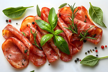 Cured meat slices elegantly arranged with fresh basil leaves, peppercorns, and bay leaves. this composition is perfect for culinary-themed designs, emphasizing italian gastronomy and gourmet presentation. Generative AIの素材