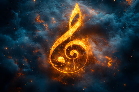A glowing musical note composed of fiery elements set against a cosmic cloudscape. the interplay of fiery textures and dark cosmic background creates a dramatic, otherworldly atmosphere perfect for vibrant musical themes. Generative AIの素材