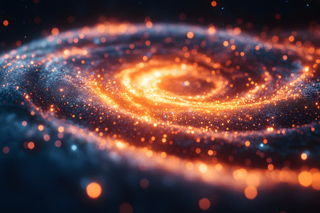 A captivating abstract representation of a cosmic spiral nebula glowing with vibrant orange and blue hues. this digital artwork features intricate details of swirling star formations, symbolizing the mysteries of the universe. Generative AIの素材