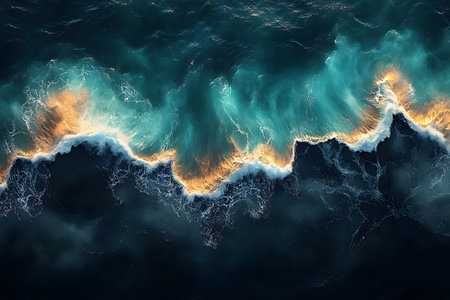 Dramatic aerial perspective of ocean waves crashing against each other, highlighted by the warm glow of sunrise. the sea's dynamic movement and vivid colors evoke a sense of tranquility and power, perfect for coastal-themed art. Generative AIの素材