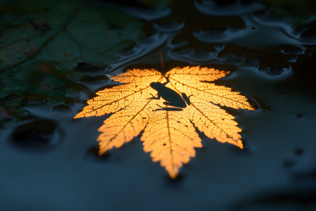 A silhouette of a frog rests on a glowing leaf floating on calm water, creating a tranquil natural scene. the contrast between the vibrant leaf and the dark water accentuates the delicate details, the beauty of nature. Generative AIの素材