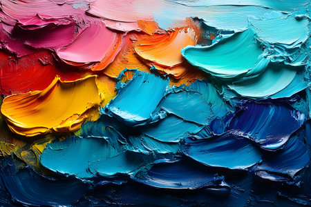 A vivid abstract oil painting featuring dynamic brushstrokes in rainbow hues. the swirling textures and vibrant colors create a sense of movement, making it ideal for modern art design, posters, or creative backgrounds. Generative AIの素材