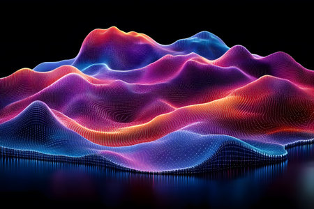 A surreal representation of a futuristic landscape, featuring neon-colored waves in a vibrant blend of pink, purple, and blue hues. the digital art design creates a mesmerizing effect with its complex and flowing patterns against a dark background. Generative AIの素材
