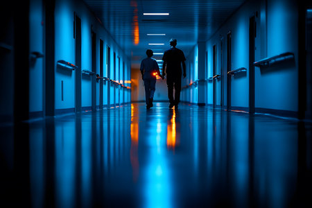 Two healthcare professionals traverse a dimly lit hospital corridor, their silhouettes illuminated by a serene blue glow reflecting off the polished floor. the scene evokes a sense of duty and calm during the night shift. Generative AIの素材