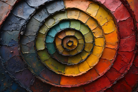 A striking spiral pattern featuring a diverse range of colors from red to blue, showcasing textured layers in a circular design. perfect for inspiring artistic projects and creative designs with its vibrant hues and dynamic composition. Generative AIの素材