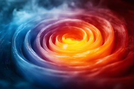 A mesmerizing swirl of vibrant colors in a spiral pattern, blending from fiery orange to cool blue. the abstract concept evokes the idea of dynamic motion and energy, suitable for artistic and design purposes. Generative AIの素材