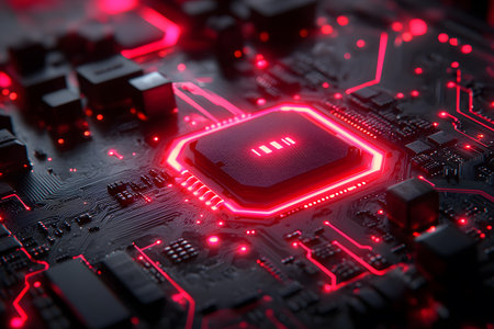 High-tech circuit board featuring a glowing red processor, representing advanced technology, computing power, and digital innovation. perfect for illustrating concepts of artificial intelligence, data processing, and modern electronics. Generative AIの素材