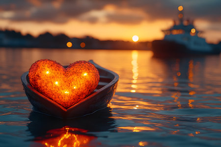 A serene boat ride scene at sunset featuring a glowing heart-shaped light. the warm hues of the sunset reflect on the water, creating an atmosphere of tranquility and romance, ideal for valentine's day themes. Generative AIの素材