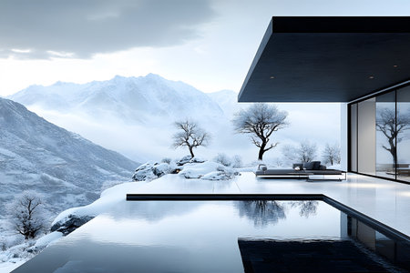 A modern architectural masterpiece set against a backdrop of snow-covered mountains features a sleek infinity pool. the serene winter landscape, mirrored in the pool, blends contemporary design with natural beauty. Generative AIの素材