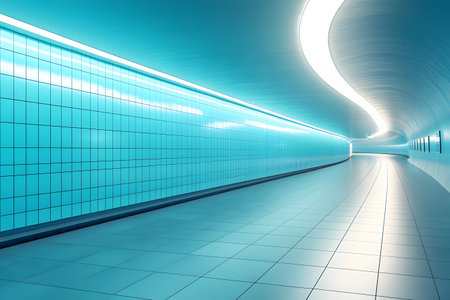A sleek, futuristic underground tunnel featuring smooth blue tiles and a continuous, curved light strip illuminating the path. the minimalist design and clean lines create a sense of modern innovation and forward-thinking architecture. Generative AIの素材