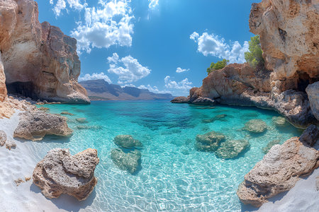 Crystal clear turquoise waters meet a rocky shoreline under a brilliant blue sky. towering cliffs and lush greenery enhance the tranquil coastal scene, showcasing nature's untouched beauty and inviting exploration. Generative AIの素材