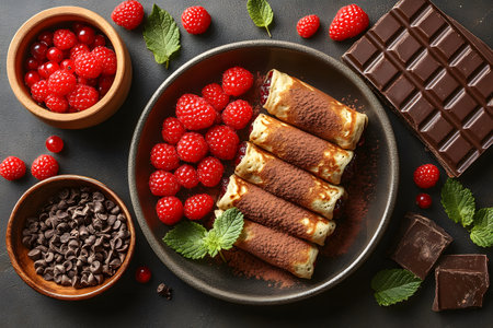 Crispy dessert crepes filled with luscious ingredients neatly arranged on a plate, surrounded by fresh raspberries, chocolate chips, and dark chocolate bars. accents of mint leaves add a touch of freshness and color. Generative AIの素材