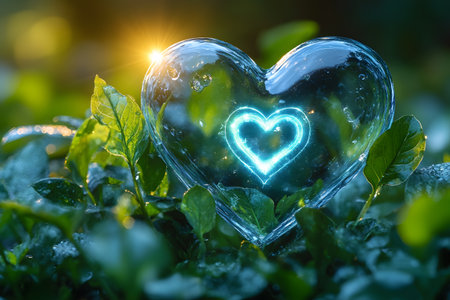 A luminous heart-shaped symbol enclosed in a glass-like structure nestled among lush green foliage. morning dew sparkles on the leaves as sunlight peeks through, creating a serene and magical atmosphere. Generative AIの素材