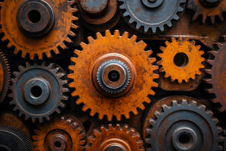 Close-up view of interlocking industrial gears in varying sizes and shades of brown and rust. the intricate details highlight the precision and functionality of mechanical engineering concepts, ideal for design and educational purposes. Generative AIの素材