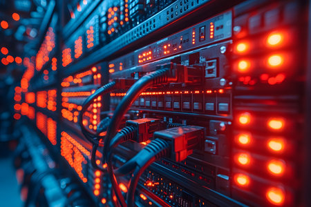 Futuristic data center featuring glowing red server racks. complex arrays of cables and blinking lights emphasize advanced technology and connectivity. ideal for illustrating concepts of it infrastructure and digital networks. Generative AIの素材