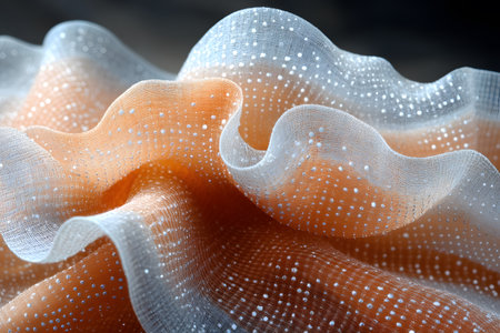 Dynamic close-up of rippling fabric featuring a textured orange and white pattern. wavelike folds create a sense of motion and depth, offering a modern aesthetic for design and artistic projects. Generative AIの素材