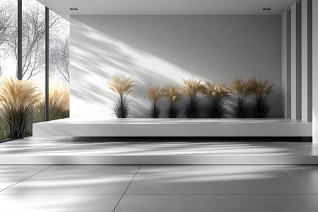 Minimalist interior showcasing sleek architecture with large windows and accent plants. natural sunlight casts elegant shadows, the serene atmosphere and modern aesthetic of the clean, geometric design. Generative AIの素材