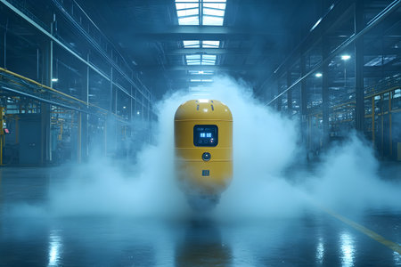 A sleek, modern robot moves through a smoke-filled industrial factory. illuminated by blue lighting, it appears central amidst the high-tech setting, the intersection of robotics and advanced manufacturing. Generative AIの素材