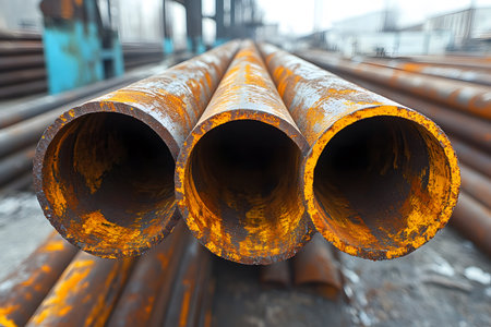 Three weathered, rusty pipes lay parallel, showcasing layers of corrosion and texture in an industrial setting. the background features blurred infrastructure, enhancing focus on the pipes' cylindrical form and vibrant orange hues. Generative AIの素材