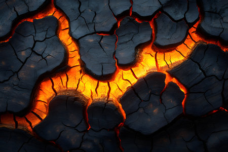 A stunning depiction of a volcanic lava flow weaving through cracked, charred earth, illustrating the raw power and intense heat of geological activity. ideal for educational content or dramatic art prints. Generative AIの素材