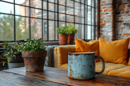 A rustic coffee mug sits on a wooden table beside a potted plant in a sunlit, industrial-style loft. the large windows and exposed brick walls create an inviting atmosphere with vibrant yellow cushions adding warmth. Generative AIの素材
