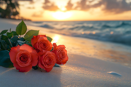 Red roses elegantly rest on a sandy beach, complementing a stunning tropical sunset over the ocean. vibrant colors of the sky and sea create a perfect backdrop for romantic and vacation-themed designs. Generative AIの素材