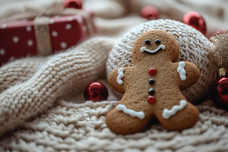 Gingerbread man cookie amidst a cozy winter setting featuring knitted textures, red ornaments, and a wrapped gift. perfect for holiday themes, christmas ambiance, or festive culinary delights. Generative AIの素材