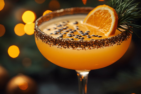 A vibrant cocktail adorned with an orange slice and rimmed with sugar granules, set against a blurred backdrop of warm holiday lights. pine embellishments add a festive touch, perfect for seasonal celebrations. Generative AIの素材