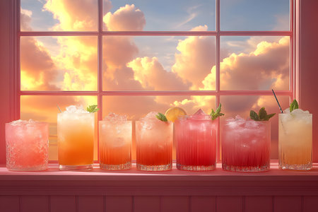 An array of colorful cocktails sits on a pink window sill, beautifully backlit by a vibrant sunset sky. each drink varies in hue, showcasing shades from orange to pink, adorned with mint leaves and citrus garnishes, perfect for summer-themed concepts. Generative AIの素材