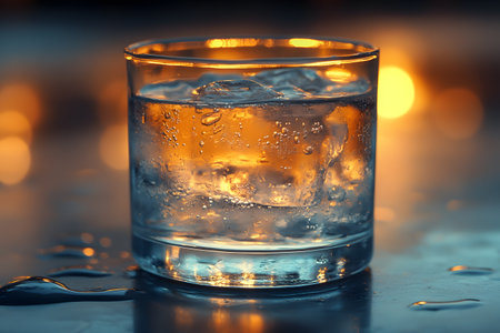 Elegant glass of whiskey with ice cubes reflects warm ambient lighting. the focus on clarity and detail textures, creating a sophisticated atmosphere perfect for bar, lounge, or beverage promotions. Generative AIの素材